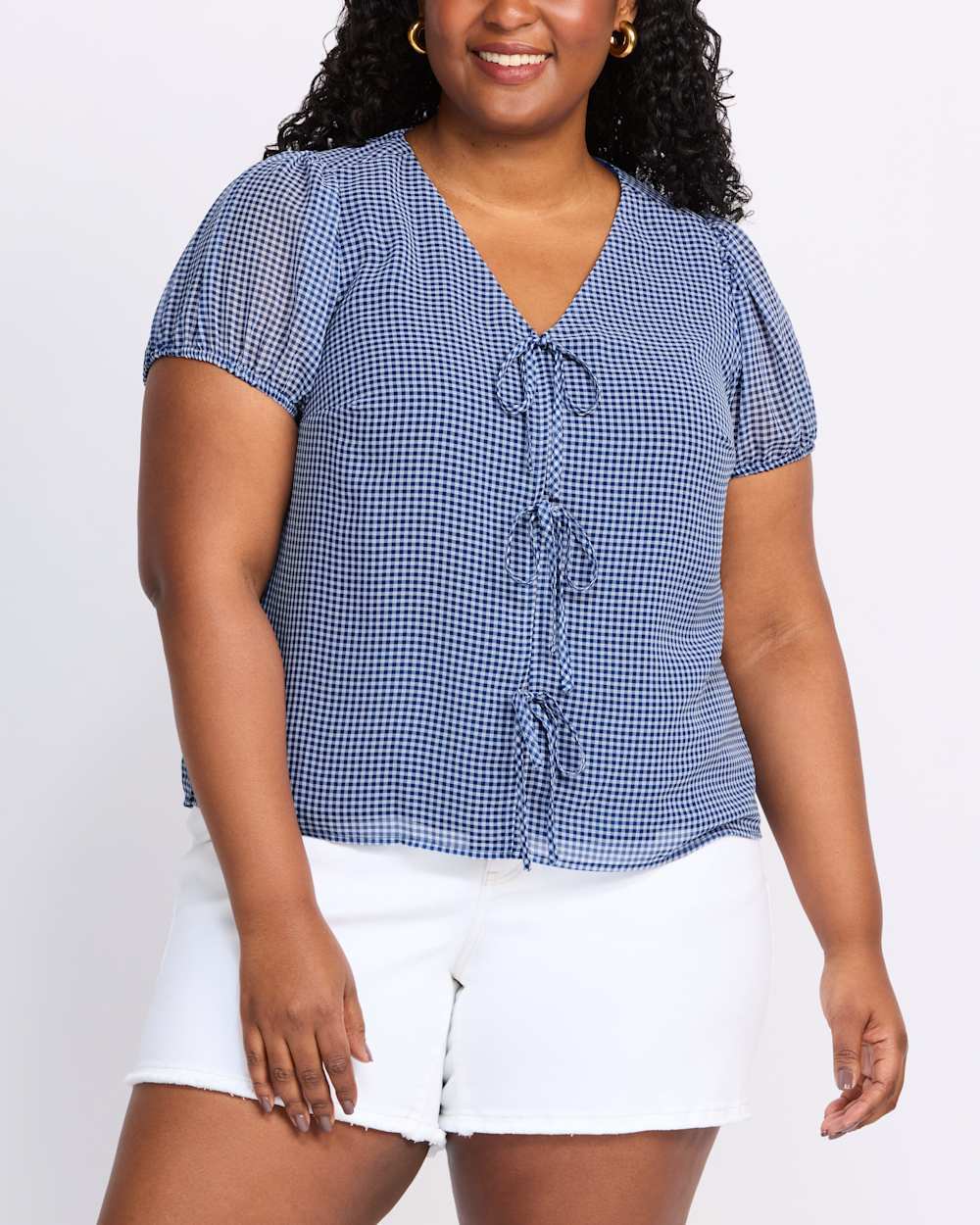 Market & Spruce Daphne Blue and White Gingham Chiffon Tie Front Popover Blouse